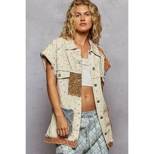 POL Cream Floral Patchwork Denim Vest | Long Mixed Fabric Boho Vest